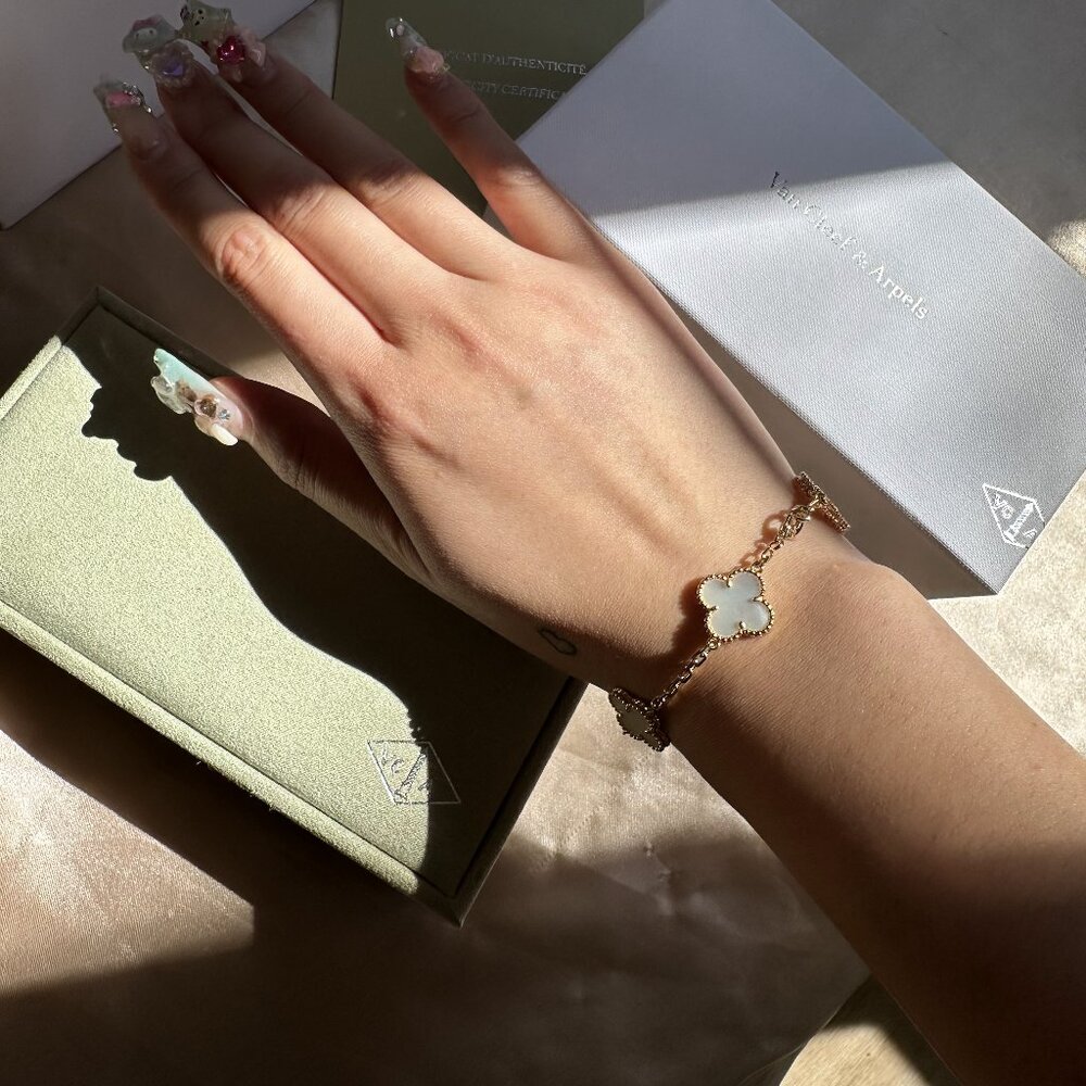 COPY - Van Cleef Mother of Pearl Vintage Alhambra 18K Gold Bracelet 5 Motifs